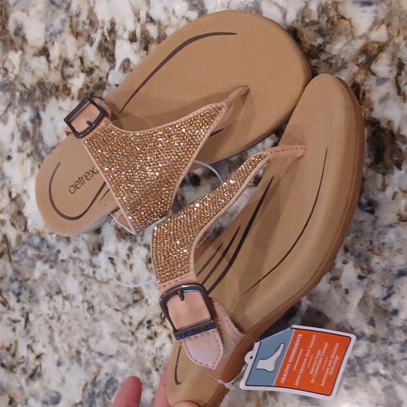 AETREX Rose Gold Rhinestone Toe Strap Arch Support Sandals Size 6 $100 NEW - Picture 9 of 13